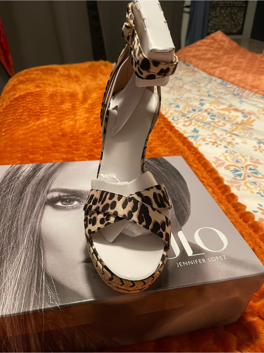 Jennifer Lopez Leopard-Print Ankle Wrap Espadrille Wedges in White and Brown - Picture 2 of 6